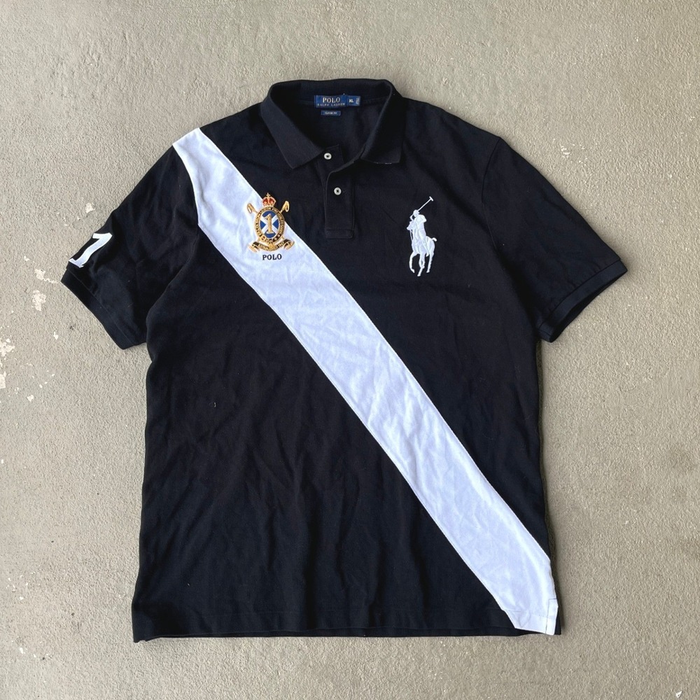 Polo Ralph Lauren Mens XL Black White Sash Big Pony Crest Classic Fit Polo Shirt - Picture 1 of 6